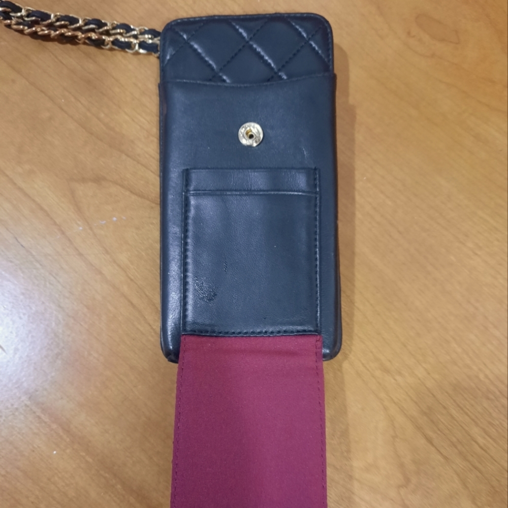 Genuine Leather Quilted Phone Holder Wallet, Goldtone Chain, Red Interior